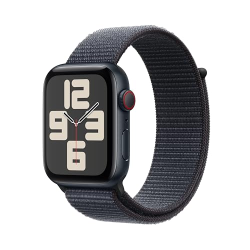 Apple Watch SE de 2.ª geração GPS + Cellular Smartwatch com caixa de alumínio em meia noite de 44 mm e correia desportiva Loop tinta. Monitores de treino e sono e neutro em carbono