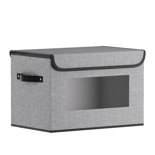 YheenLf 1 unidade caixa de armazenamento, caixas organizadoras armários com janelas e tampas transparentes, cesta de armazenamento para guardar roupas, livros e outros artigos, cinzento, 33 × 23 × 20