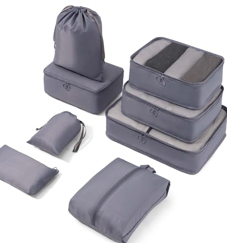 Meowoo Organizador de bagagem 8 em 1 conjunto organizador de malas impermeável viagem com saco de sapato, material Nylon-Meowoo, Cinzento 8 unidades, 8pcs