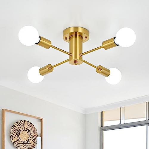 ASHUAQI Candeeiro de teto dourado, 4 luzes candeeiros de lustre vintage industrial E27 casquilho moderno Sputnik candeeiro de teto para sala de estar, cozinha, quarto, sala de jantar, corredor,