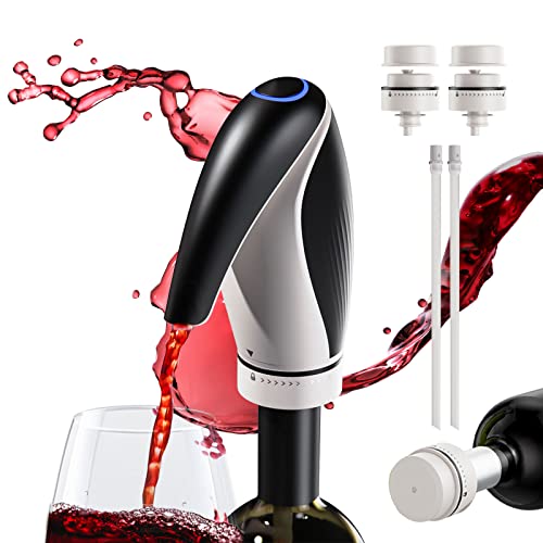 Decantador elétrico dispensador de vinho, ar automático de vinho, decantador recarregável inteligente para presente de festa em família com 2 tampas de vinho, preto