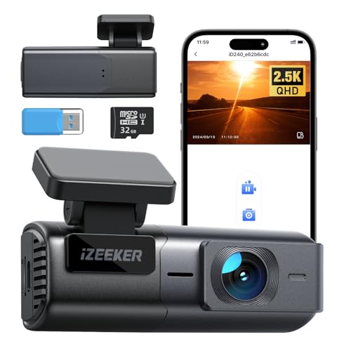 iZEEKER 2,5 K Dashcam WiFi Dash câmara para carros, mini câmara para carro 1440P Front Dashcam com aplicativo, cartão 32 GB grátis, visão noturna, WDR, G-Sensor, gravação em loop, suporta modo de