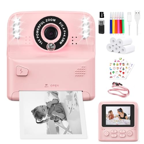 PHNIXGAM Câmara instantânea para crianças com 2 flash, câmara digital, câmara infantil, câmara de fotos HD de 2,4 polegadas, presente para meninos e meninas, inclui 5 rolos de papel de impressão