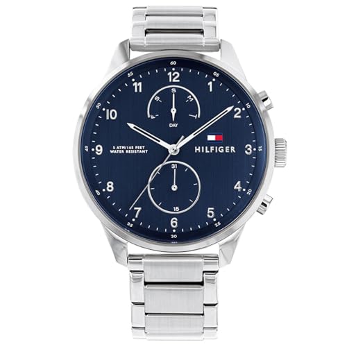 Tommy Hilfiger Relógio analógico de quartzo multifuncional para homem com correia de aço inoxidável prateada - 1791575, Prateado/azul, prateado, Tamanho único, pulseira