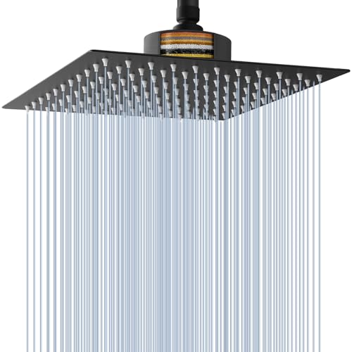 Cabeça de duche de chuva Voolan com cabeças de chuveiro de chuva grandes, filtradas e de alta fluxo, feitas de aço inoxidável, filtro de cabeça de duche em cascata, 25 cm preto