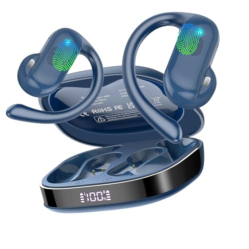 DUSONLAP Open-Ear Auriculare sem fios desportivos, auriculares Bluetooth 5.4 HiFi estéreo para corrida/ciclismo, 32H capacetes sem fios com microfone HD, ecrã LED, controlo tátil, azul