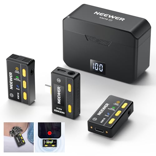 NEEWER Microfone de lapela sem fios para telemóvel, cancelar ruído, transmissão longo alcance 12H trabalho microfone de lapela com estojo de carregamento compatível com iPhone 15 Android PC com tipo