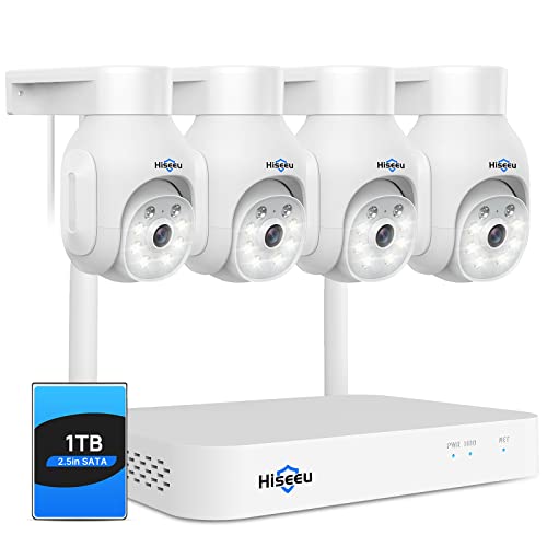 Hiseeu 5MP Kit câmaras de vigilância WiFi exterior, com 4 câmaras de vigilância girar 8CH NVR, visão noturna deteção movimento, PTZ sistema câmara de segurança com 1 TB HDD