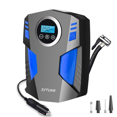 SYTUNG Inflador de rodas para carro, compressor de ar portátil de pneus de carro com 3 adaptadores de e luzes LED digitais, de ar para pneus de carro e outros insufláveis