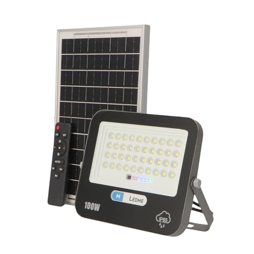 M Ledme - Foco solar LED de 100 W com controlo remoto, 1000 lúmens, intensidade de luz ajustável, IP65, cor luz fria (6000k), bateria de grande capacidade de 10.000 mAh. Comprimento do cabo 2,10 m