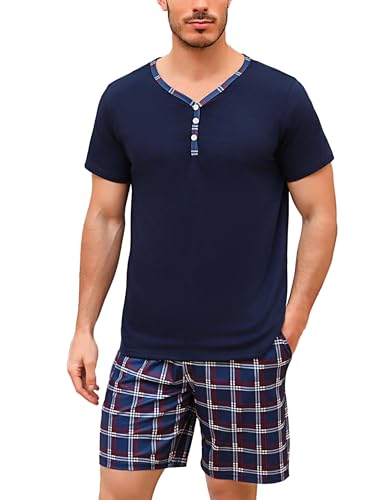 Irdcomps Pijama homem verão algodão conjunto de manga curta macia e calções roupa de dormir com bolsos e calções xadrez