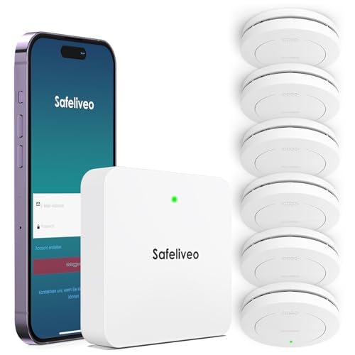 Safeliveo Detector de fumo interligado WiFi, detetor de fumo com bateria de 10 anos, conjunto de 6 com estação base, certificado TUV Rheinland, conjunto de alarme de fumo com controlo por aplicação.