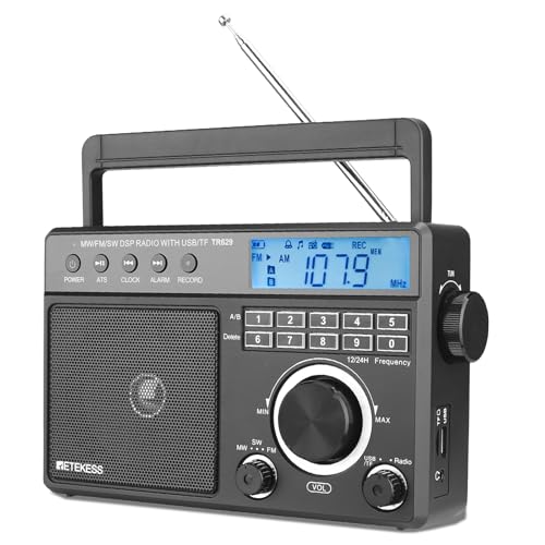 Retekess TR629 Rádio portátil, FM SW rádio digital com DSP, rádio com bateria, cartão SD/USB, alarme, ecrã LCD retroiluminado, gravação, para idosos