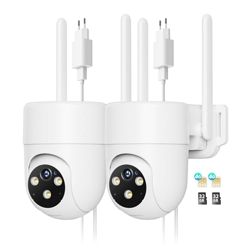 NUASI 4G LTE Câmara de vigilância exterior com cartão SIM, 【2 unidade: 360° PTZ, câmara IP com detecção humana AI e visão noturna colorida, áudio bi-direcional e gravação 24/7 Avec, cartão 32 GB