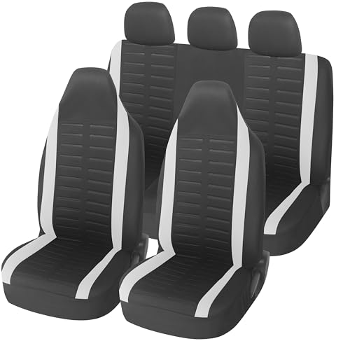 Upgrade4cars Capas de assento de carro com encosto de cabeça integrado universais preto branco | cobertura universal | protetor de assento dianteiro para dianteiro e traseiro