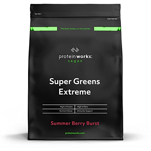 THE PROTEIN WORKS Super Greens Extreme, mais de 150 benefícios para a saúde, 41 ingredientes ativos, vegan, baixo em açúcar, explosão de bagas, 83 peças, 1 kg