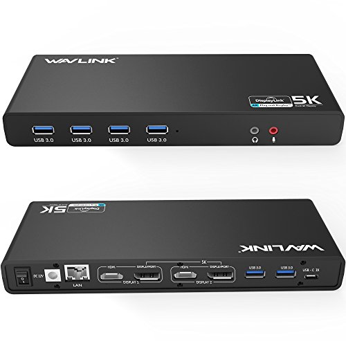 WAVLINK USB C&3.0 Ultra 5K Docking Station HD Dual vídeo multifuncional Display com 2 x 5 K DP portas, 2 x 4 K portas HDMI, 6 x USB 3.0, Gigabit Ethernet, áudio out e Mic in