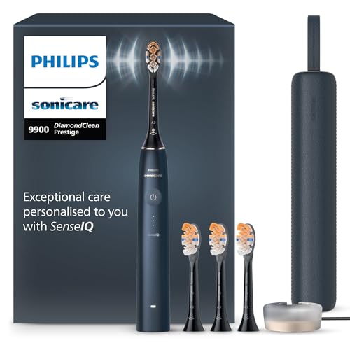 Philips Sonicare DiamondClean 9900 Prestige escova de dentes elétrica, com tecnologia SenseIQ e aplicação, 5 modos de escovagem, estojo de viagem com carga, azul meia-noite, modelo HX9992/45