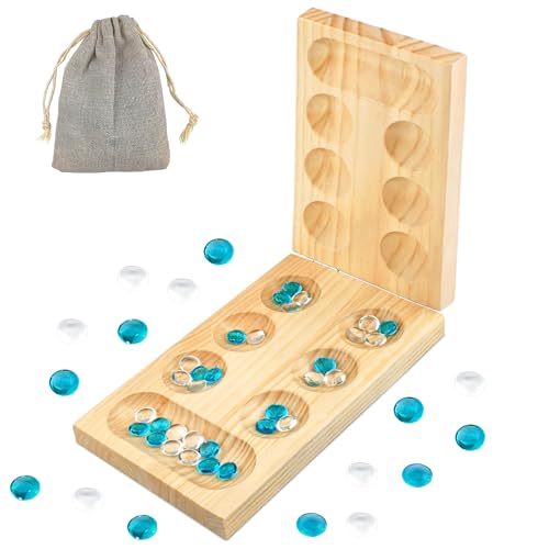 Conjunto de mesa mancala - jogo de estratégia - jogos de tabuleiro para famílias - madeira natural espessada belas pedras coloridas bolsa de armazenamento conjunto de inteligência para crianças