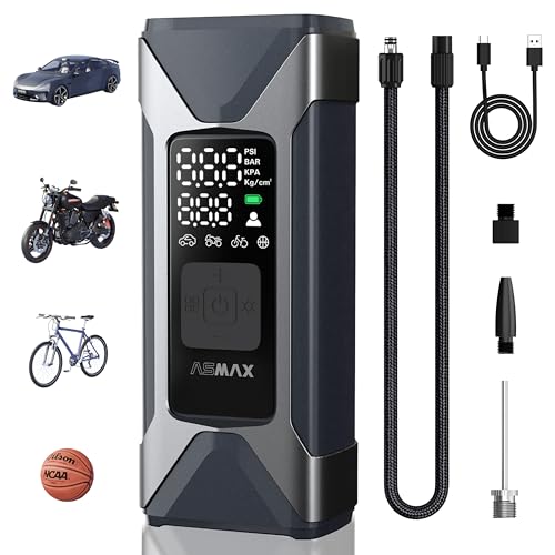 ASMAX Compressor de ar portátil 7500 mAh, 160 PSI/11 bar insuflável elétrico com manómetro, bateria recarregável, ecrã LCD, 5 modos bomba de ar para carro, motociclo, bicicleta, bola, com lanterna LED