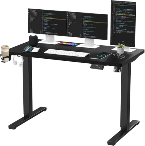 SANODESK QS Mesa elétrica elevável 140 x 60 cm, com controlador de ecrã digital e memória, gancho para auriculares e suporte para bebidas, secretária ergonómica para escritório e casa - preto