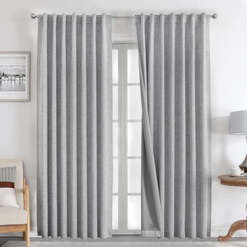 Joydeco 100% cortinas opacas, 2 peças, linho cortinas para quarto com pinos anti-luz, cortina térmica, isolam do frio e do calor para salão (2 x 220 x 140, cinzento claro)