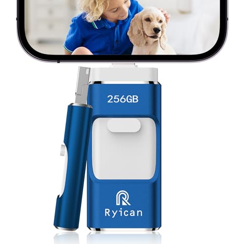 Pendrive para Phone Ryican 4 em 1 memória USB transmissão de alta velocidade Photostick USB 3.0 memória externa para iOS/Pad/Android/telefone/PC, tem função de proteção senha (256G, azul)
