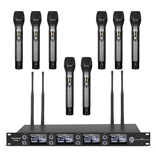 Depusheng DF208 UHF Micros sem fios sistema de microfone portátil dinâmico profissional de 8 canais caixa de metal emparelhamento automático de frequências adaptadas a cenários, conferência