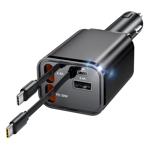 Aimtel Carregador de carro retro, carregador rápido de telefone para carro 60 W, cabos traseiros tipo C duplos e adaptador de carregador de carro de 2 portas USB compatível com Galaxy, pixel, iPhone