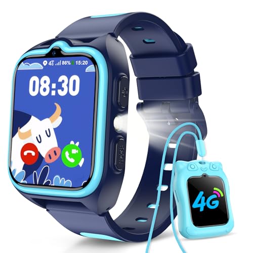 Relógio inteligente 4G para crianças, smartwatch com GPS, chamadas de vídeo, chamadas, chat de voz, modo escola, SOS, 1,75" Smartwatch com lanterna, capa de silicone suave, câmera, bateria grande de