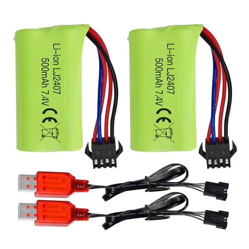 ZYGY 2 peças 7,4 V 500 mAh bateria de carregamento da tomada SM-4P com cabo de carregamento USB para explosão de bola de gel elétrico M416 veículo todo-o-terreno modelo de veículo de brinquedo EC16