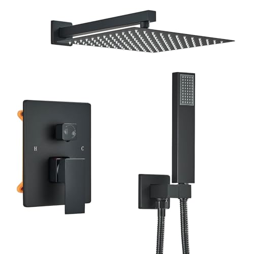 TVTIUO Conjunto de duche sistema recesso preto, coluna para casa de banho, alcachofra 30 cm x 30 cm, de mão, corpo de latão