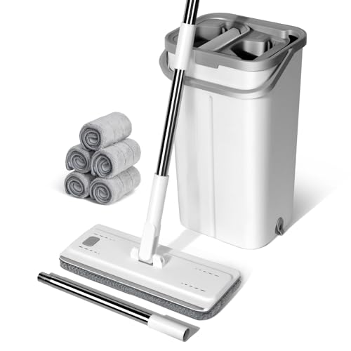 Masthome Conjunto de esfregona e balde, esfregona plana profissional com pega de aço inoxidável e 5 panos de substituição de microfibra para pisos de madeira, laminado, azulejos e mármore, branco
