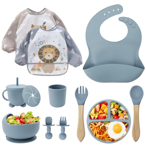 Talheres para bebé, conjunto de 12 peças pratos bebé com ventosa, baby Led Weaning, talheres infantis, conjuntos de louça para bebé, colher de bebé, babete silicone para bebé, prato de silicone para