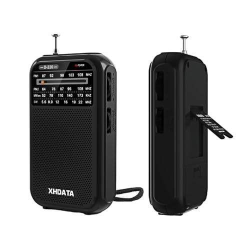 XHDATA D220 Rádio a pilhas portátil pequeno FM Am SW, transistores rádio pequenos, mini rádio de bolso com excelente receção, família e idosos (preto)