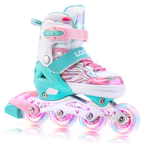 LOCAVUN Patins em linha, 4 tamanhos ajustáveis com rodas que brilham no escuro, patins em linha para crianças para uso interno e externo
