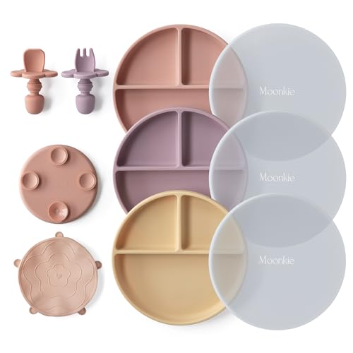 Moonkie Pratos bebé de silicone, 3 peças prato anti-capotamento para bebé, com garfo e colher, prato ventosa para bebé, adequado para máquina de lavar louça, frigoríficos e micro-ondas (rosa