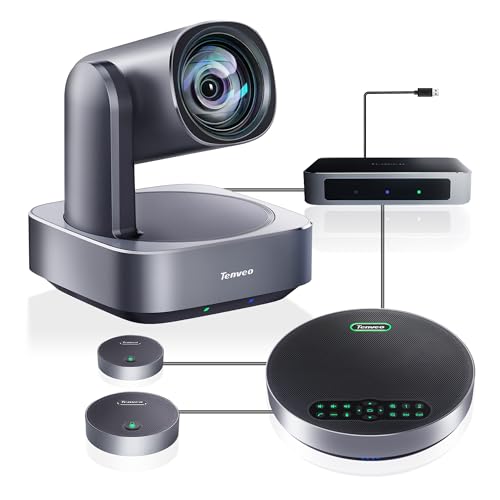 Tenveo 4K PTZ Câmara de conferências com sistema de altifalante Bluetooth 2 microfones de expansão zoom óptico 12X lente grande angular de visão funciona com zoom skype team