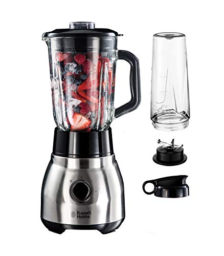 Russell Hobbs Liquidificadora Stainless-Steel 2 em 1, Liquidificadora Smoothie, jarro de vidro 1,5 l, copo para sumo e batidos, lâmina de aço inoxidável de 4 pontas, bloqueio de segurança, prata