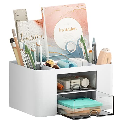 Marbrasse Organizador de mesa com gavetas, porta-canetas multifuncional de mesa com compartimentos, gavetas, organizador de escritório e acessórios (branco1)