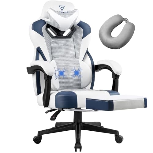 Vigosit Cadeira de gamer, com apoio para os pés, de malha, com função de massagem, ergonómica, reclinável, 150 kg, cadeira de escritório grande e alta (branco e azul)