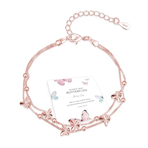 XOEMEL Pulseira de prata 925 para mulher, borboletas, pulseira de ouro rosa para mulher com pérolas, pulseira ajustável em camadas, pulseiras de amizade, presentes para mulheres, 17,7 polegadas