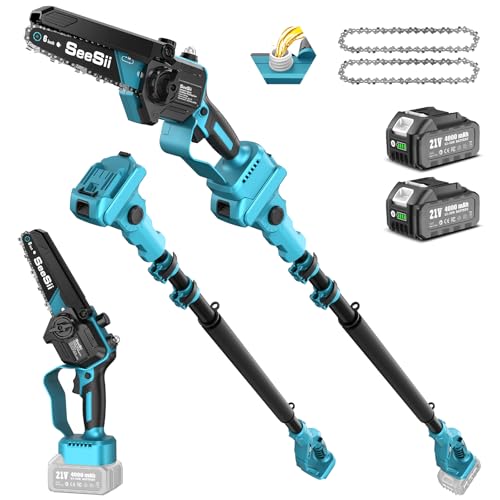 SEESII 2 em 1 Sem fio máquina telescópica e mini motosserra, podadora elétrica sem escovas de 6 polegadas com esta telescópica, mini serra à bateria com 2 baterias de 4000 mAh.