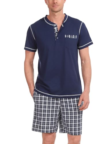 Litherday Pijama Hombre Verano Algodón Pijamas Hombre Corto Manga Conjunto de Pijama Hombre a Cuadros Ropa de Dormir 2 Piezas Bolsillos para Hombre S-XXL