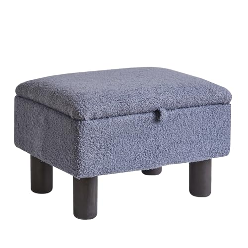 Aibiju Apoio para os pés pequeno otomano com armazenamento, pele sintética de pelúcia, banco otomano para trocar sapatos, apoio para os pés com pernas de madeira para sala de estar, quarto, cinzento