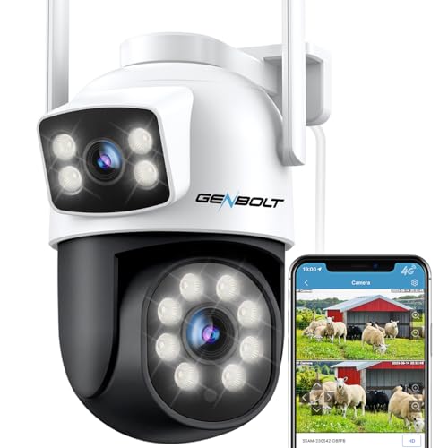 GENBOLT 3G/4G LTE Câmara de segurança ao ar livre sem WiFi, câmara de vigilância celular de lente dupla com cartão SIM, 24/7 gravação contínua câmara de vigilância PoE IP com rastreamento humano