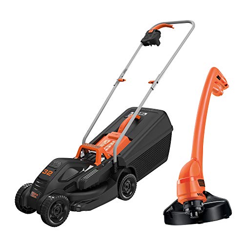 BLACK+DECKER Corta-relvas elétrico 1000 W, largura de corte 32 cm, ajuste de altura de 20 - 60 mm, depósito de 35 L, inclui roçadora de 250 W, sistema E-Drive, para jardins até 250 m², BEMW351GL2