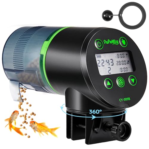 Papettly Alimentador automático aquário - 200 ml ecrã LCD porta-moedas automático peixes com temporizador de férias para tartarugas pares, com 2 baterias AAA e dispensador comida peixes anel, preto