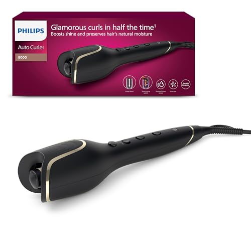 Philips Modelador de cabelo automático, com tecnologia Moisture Protect, íons, placas cerâmicas com queratina 27 opções de encaracolado, BHB876/00, preto