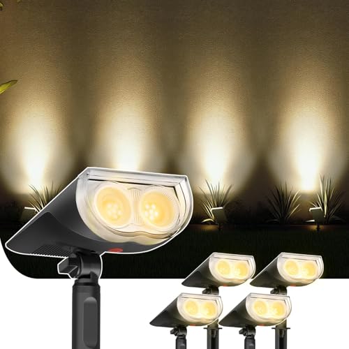 Linkind StarRayS Luzes solares LED para exterior e jardim, 3000 K branco quente foco solar LED, 350 Lm candeeiro exterior com 2 modos para jardim, pátio, calçada, piscina, 4 peças